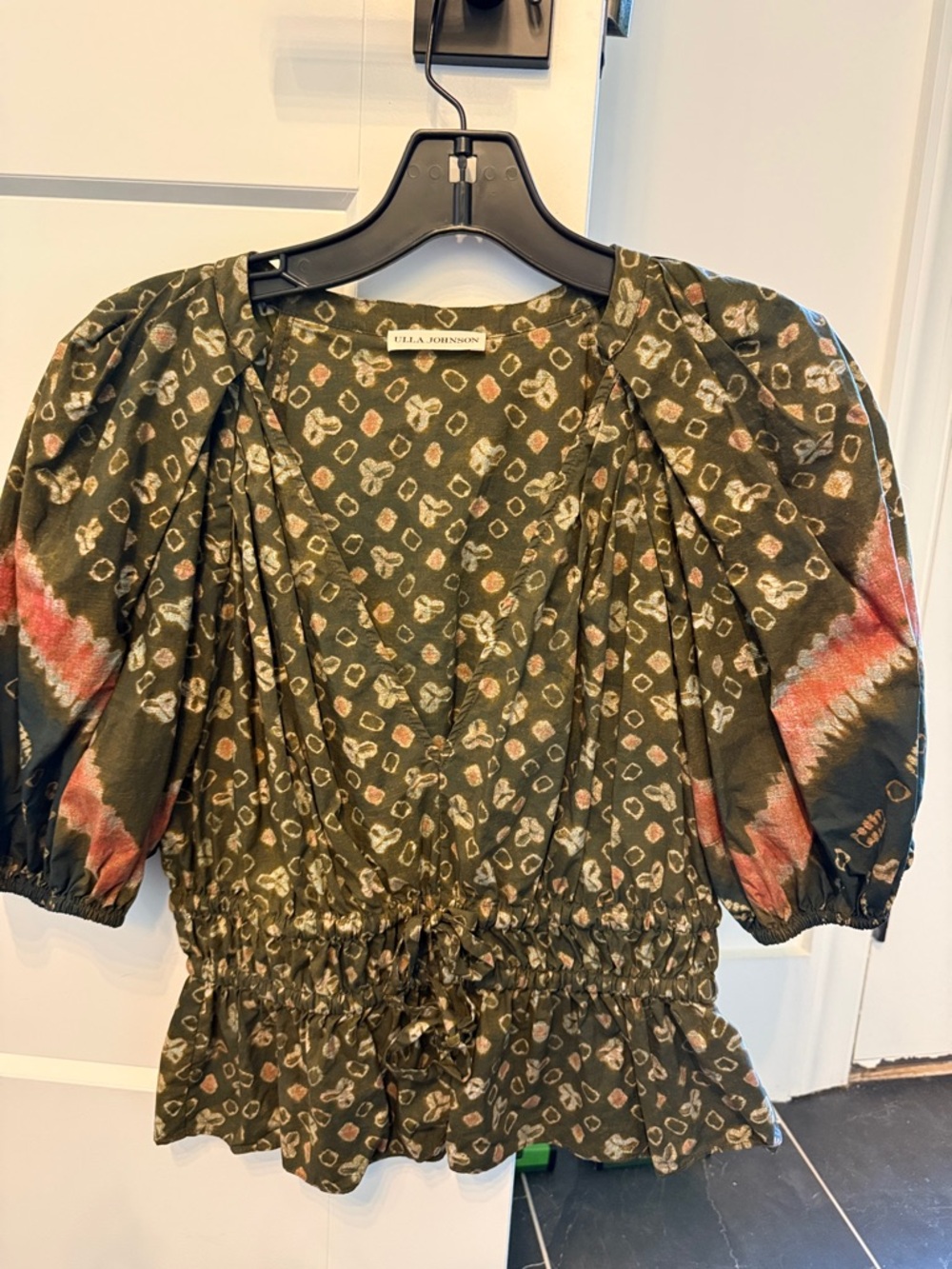 Ulla Johnson Olive Printed Peasant Top with Rust Accents
